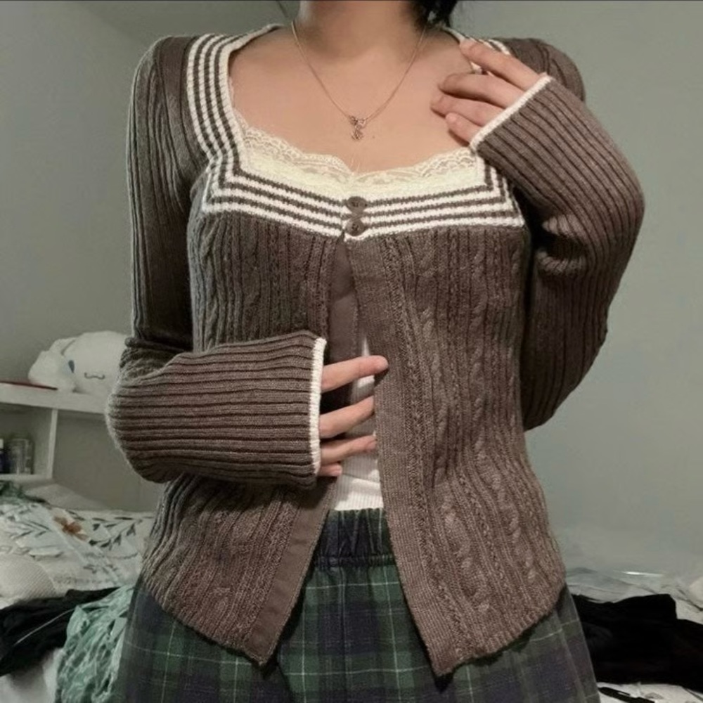 Y2K RARE Hollister Cable Knit Babydoll Cardigan Top Cardi Vintage 2000s - XXS/XS - Picture 6 of 7